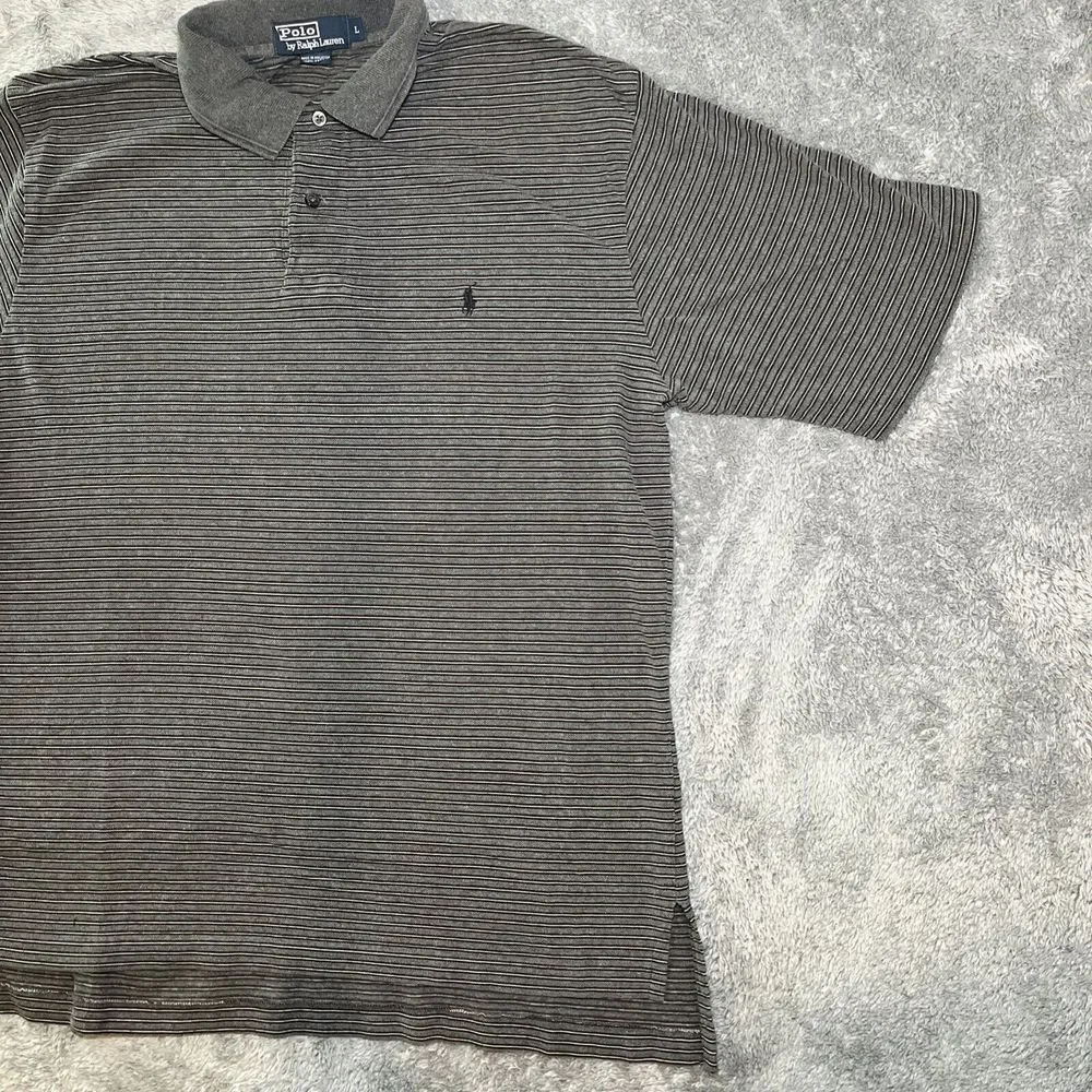 Polo By Ralph Lauren Vintage Men's SZ L Short Sleeve Grey Striped Polo 90's